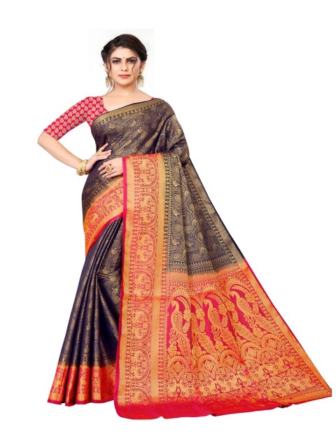 

MOKSHA DESIGNS Navy Blue & Pink Woven Design Zari Pure Silk Banarasi Saree