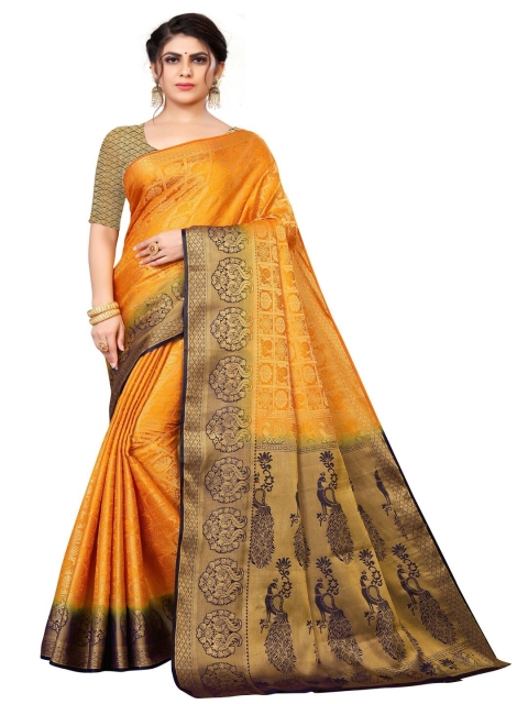

MOKSHA DESIGNS Yellow & Blue Woven Design Zari Pure Silk Banarasi Saree
