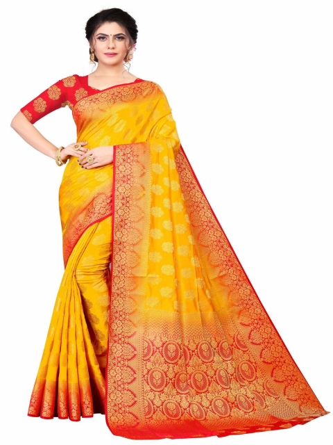 

MOKSHA DESIGNS Yellow & Red Ethnic Motifs Zari Pure Silk Banarasi Saree
