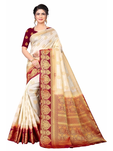 

MOKSHA DESIGNS Off White & Maroon Ethnic Motifs Zari Pure Silk Banarasi Saree