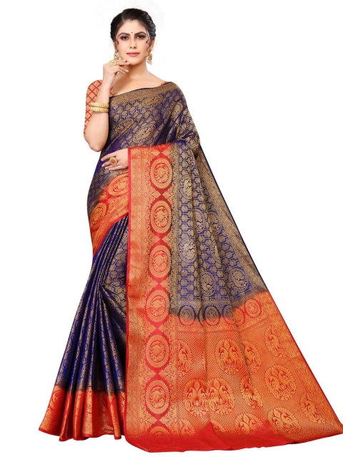 

MOKSHA DESIGNS Blue & Red Woven Design Zari Pure Silk Banarasi Saree