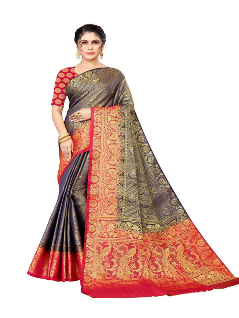 

MOKSHA DESIGNS Navy Blue & Red Woven Design Zari Pure Silk Banarasi Saree