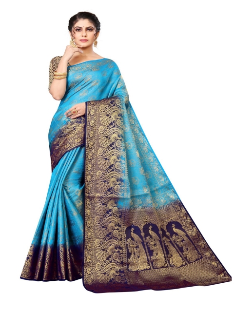 

MOKSHA DESIGNS Blue & Gold-Toned Woven Design Zari Pure Silk Banarasi Saree