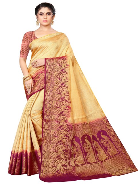 

MOKSHA DESIGNS Cream-Coloured & Magenta Woven Design Zari Pure Silk Banarasi Saree