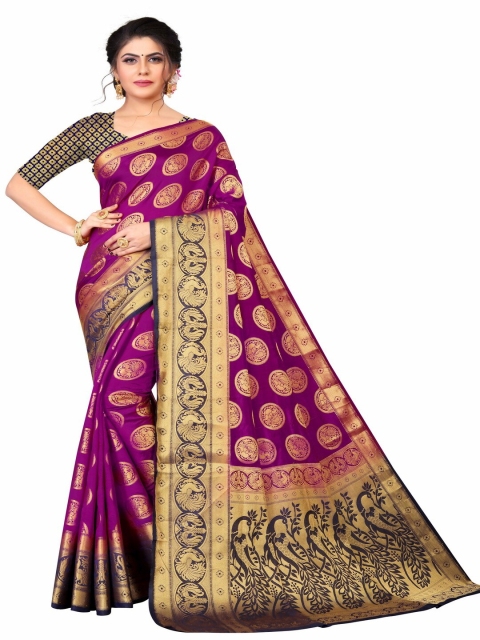 

MOKSHA DESIGNS Navy Blue & Purple Ethnic Motifs Zari Pure Silk Banarasi Saree