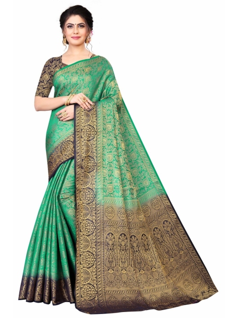 

MOKSHA DESIGNS Green & Navy Blue Ethnic Motifs Zari Pure Silk Banarasi Saree