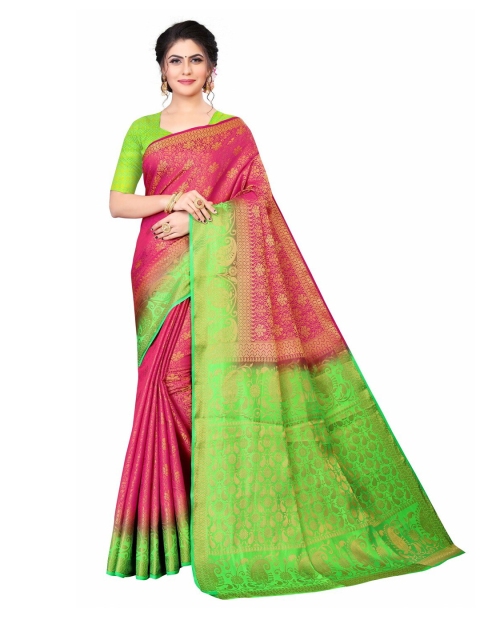 

MOKSHA DESIGNS Pink & Green Woven Design Zari Pure Silk Banarasi Saree