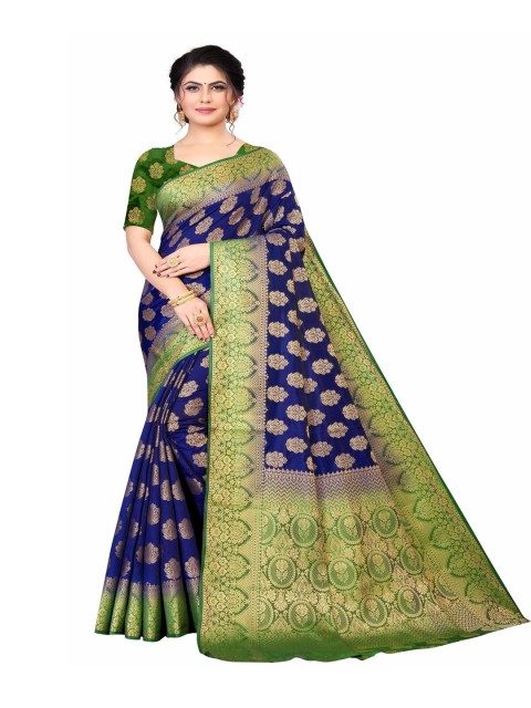 

MOKSHA DESIGNS Navy Blue & Green Woven Design Zari Pure Silk Banarasi Saree