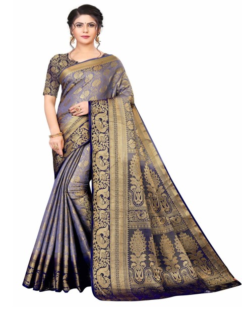 

MOKSHA DESIGNS Blue & Gold-Toned Woven Design Zari Pure Silk Banarasi Saree