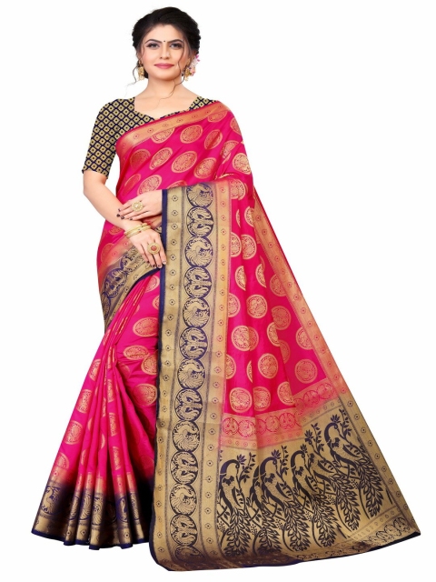 

MOKSHA DESIGNS Pink & Navy Blue Woven Design Zari Pure Silk Banarasi Saree