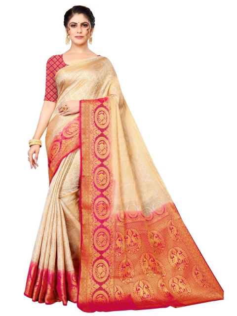 

MOKSHA DESIGNS Cream-Coloured & Red Woven Design Zari Pure Silk Banarasi Saree