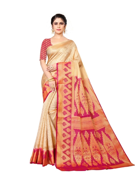 

MOKSHA DESIGNS Cream-Coloured & Pink Woven Design Zari Pure Silk Banarasi Saree