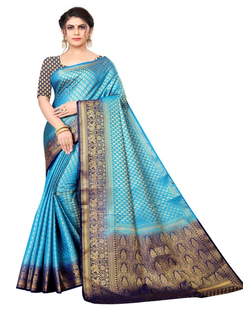 

MOKSHA DESIGNS Blue & Gold-Toned Woven Design Zari Pure Silk Banarasi Saree