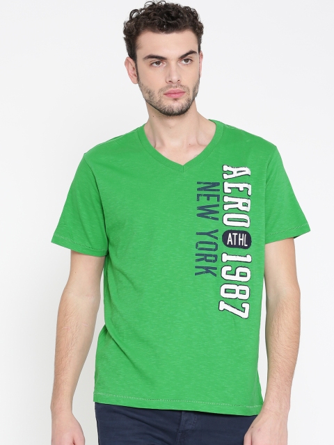 

Aeropostale Men Green Printed V-Neck T-shirt