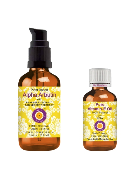 

Deve Herbes Set of Plant Based Alpha Arbutin Face Serum 30ml & Pure Vitamin E Oil 10ml, Yellow