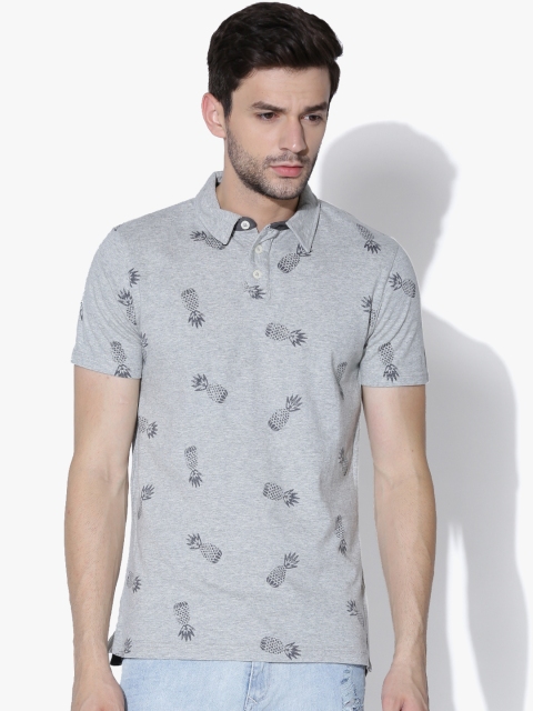 

Aeropostale Men Grey Melange Pineapple Print Polo Collar T-shirt