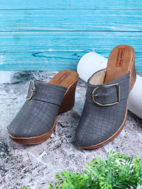 

LONDON STEPS Grey Textured Block Mules With Buckles