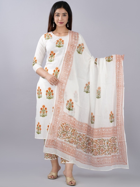 

KALINI Women White Ethnic Motifs Printed Pure Cotton Kurti with Trousers & Dupatta