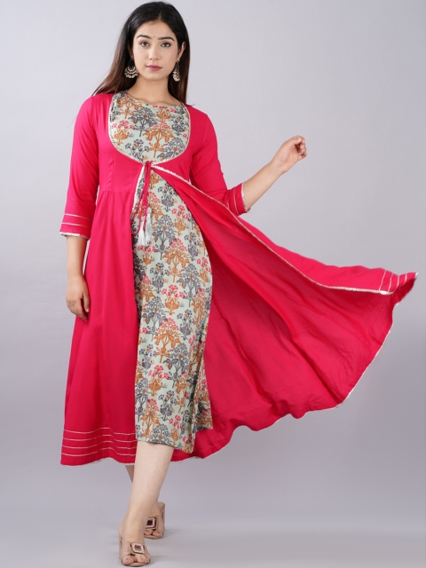 

KALINI Women Grey & Pink Printed Floral Anarkali Kurta