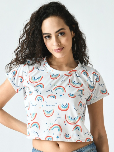 

IUGA Women White & Blue Printed Crop T-shirt, Multi