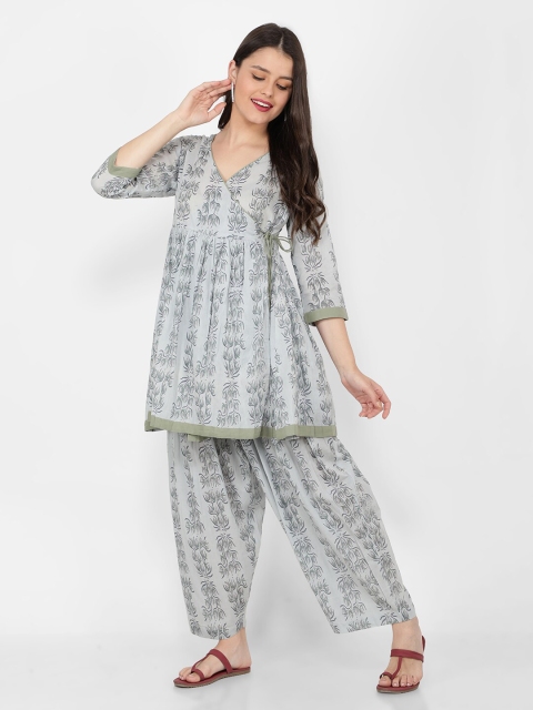 

NAVIYATA Women Grey Floral Printed Angrakha Pure Cotton Kurta with Salwar