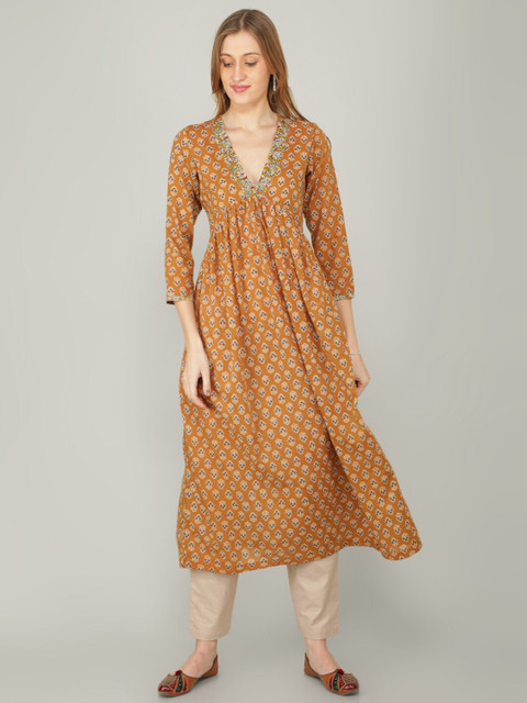 

NAVIYATA Brown Floral A-Line Midi Dress