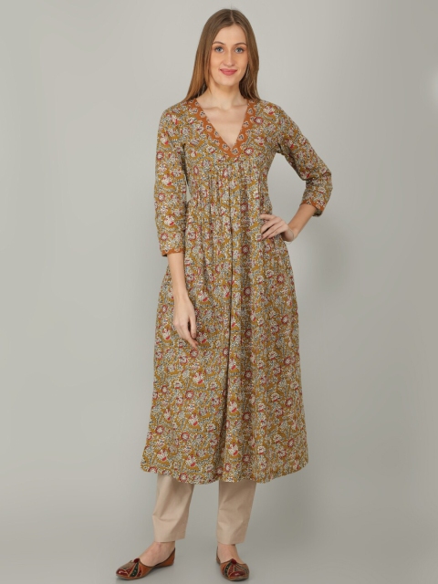

NAVIYATA Brown Floral A-Line Midi Dress