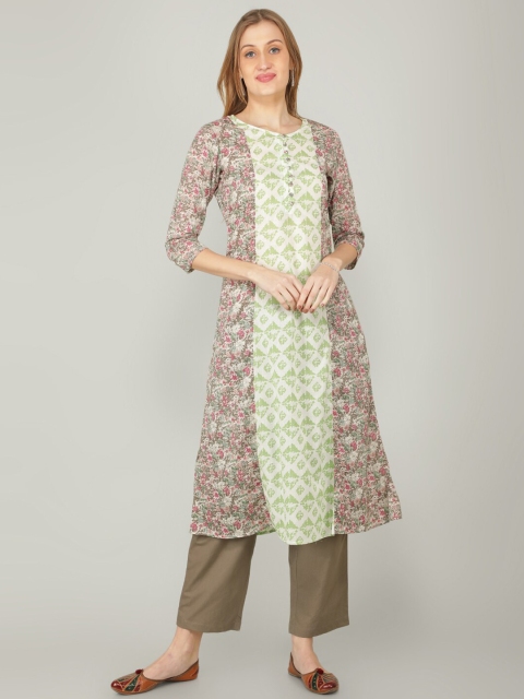 

NAVIYATA Women Beige Printed Panelled Pure Cotton Kurta with Trousers