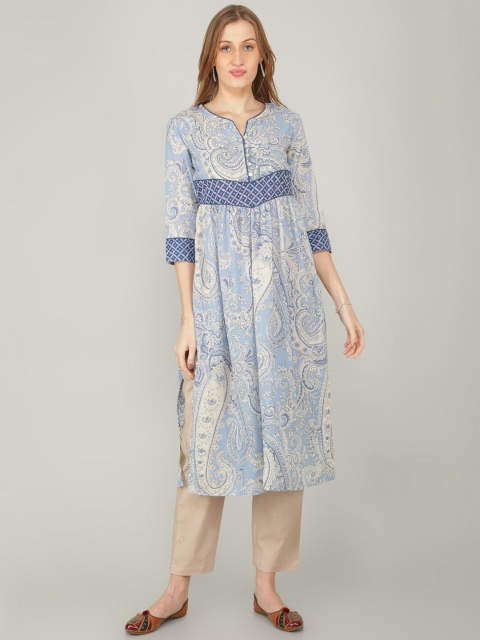 

NAVIYATA Women Blue & Beige Paisley Printed Round Neck Kurta