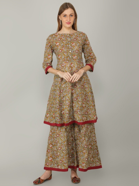 

NAVIYATA Women Mustard Yellow Floral Printed Empire Kurta with Flared Palazzos