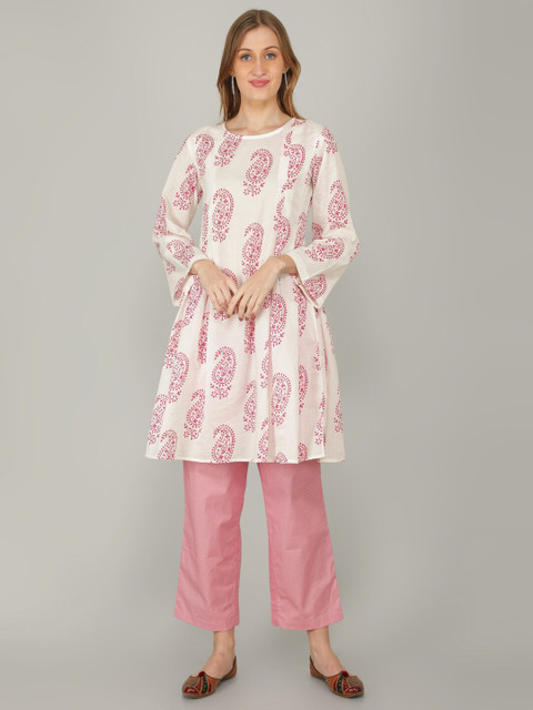 

NAVIYATA Women White Paisley Printed Kurta with Trousers