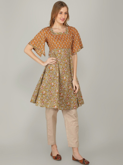 

NAVIYATA Coffee Brown Floral Layered Dress