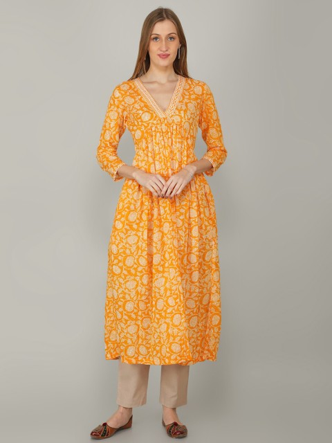 

NAVIYATA Orange Floral A-Line Midi Dress