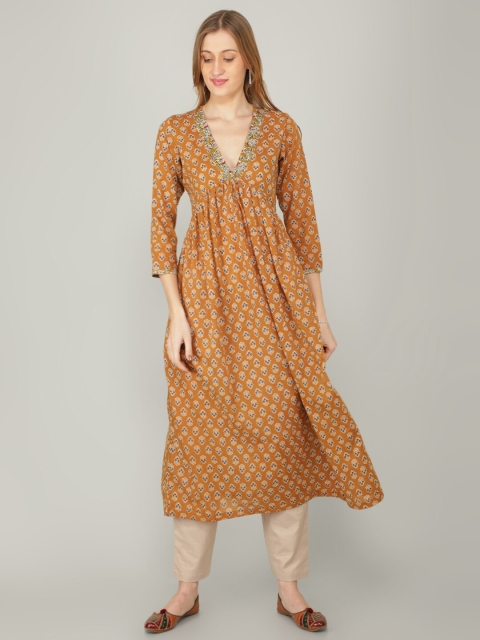 

NAVIYATA Brown Floral A-Line Kurta