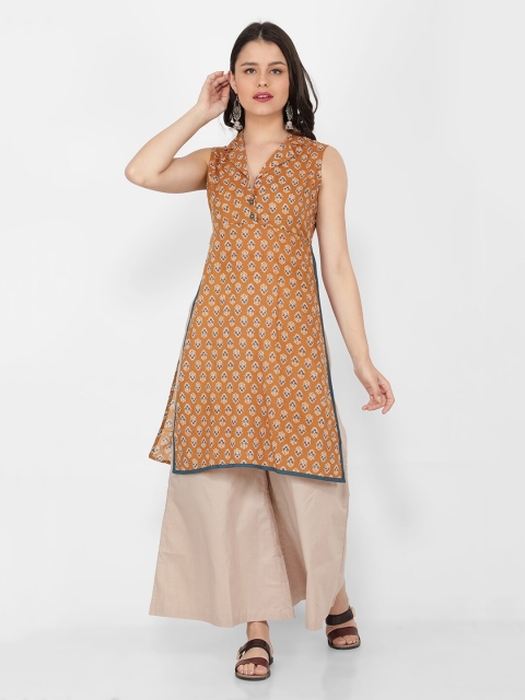 

NAVIYATA Women Brown Floral Printed Empire Pure Cotton Kurti with Sharara