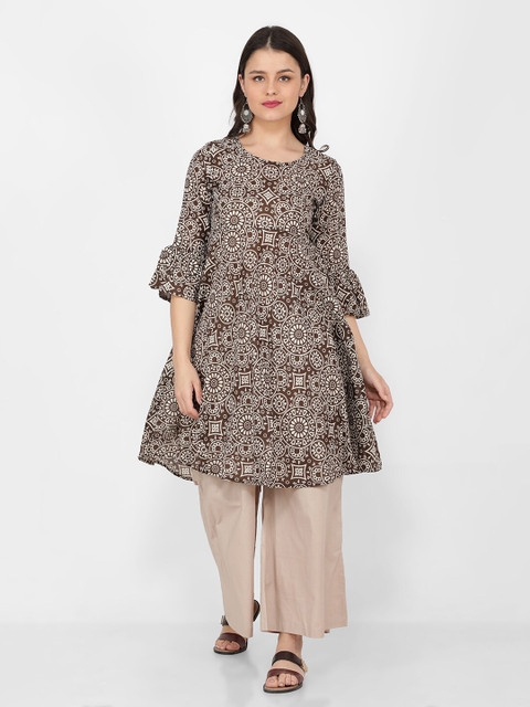 

NAVIYATA Women Coffee Brown Ethnic Motifs Printed Pure Cotton Kurti with Sharara