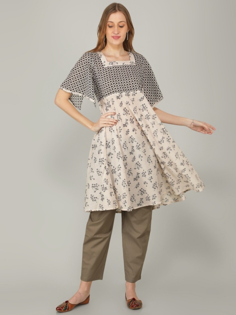 

NAVIYATA Women Cream-Coloured Floral Printed Pure Cotton Kurti with Trousers