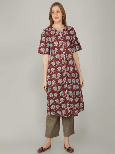 

NAVIYATA Women Maroon Floral Printed Pure Cotton Kurta with Trousers