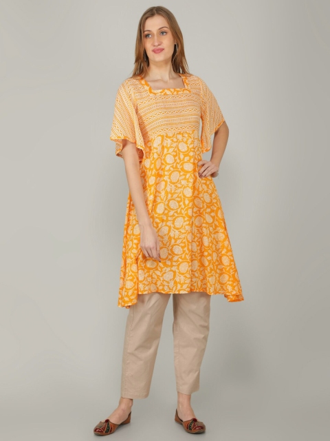 

NAVIYATA Women Orange Tribal Printed Pure Cotton Kurti with Trousers