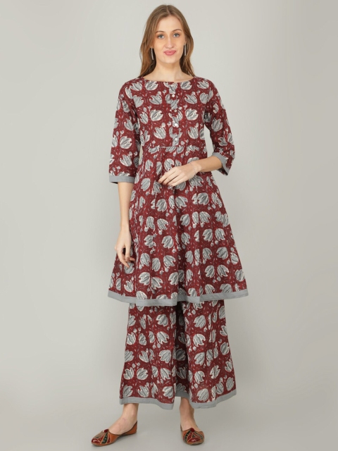 

NAVIYATA Women Maroon Floral Printed Empire Pure Cotton Kurti with Sharara