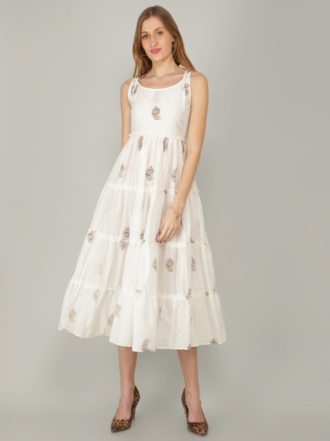 

NAVIYATA White & Yellow Ethnic Motifs Layered Midi Dress