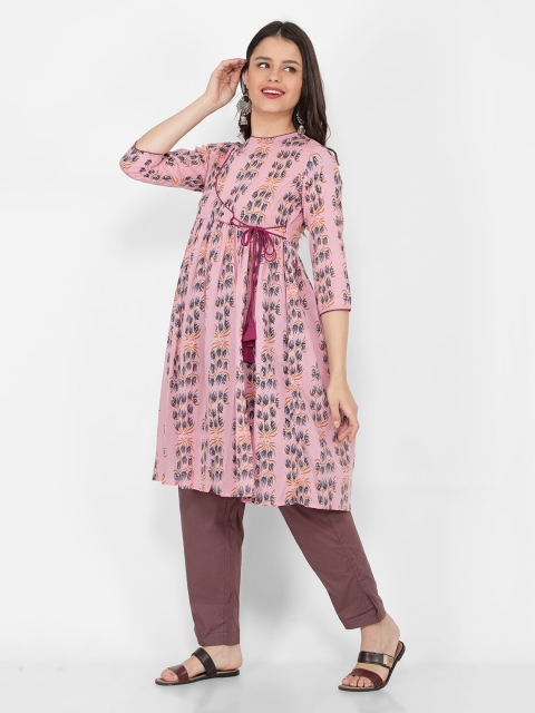 

NAVIYATA Women Pink Floral Printed Angrakha Kurta with Trousers