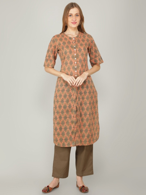 

NAVIYATA Women Peach-Coloured Ethnic Motifs Printed High Slit Kurta with Trousers