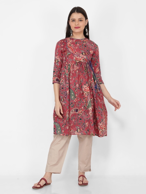 

NAVIYATA Women Maroon Paisley Printed Angrakha Kurta with Trousers