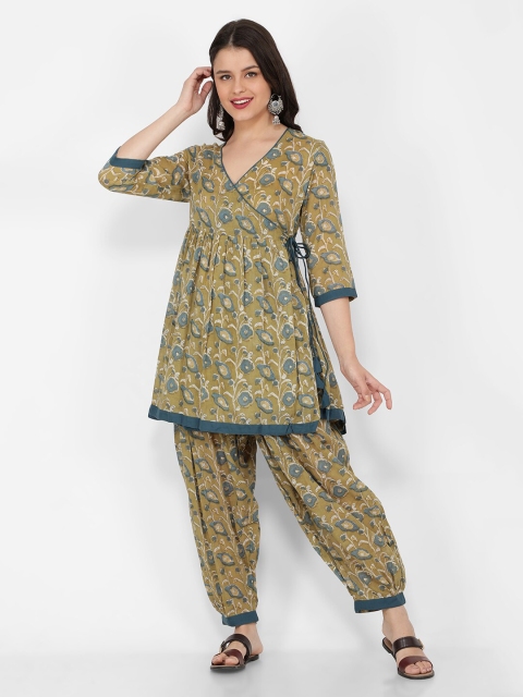 

NAVIYATA Women Brown Floral Printed Angrakha Kurta with Salwar