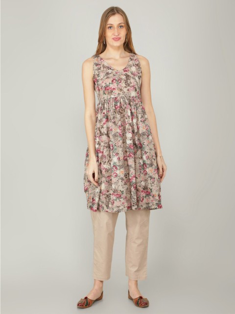 

NAVIYATA Women Cream-Coloured Floral Printed Empire Pure Cotton Kurti with Pyjamas