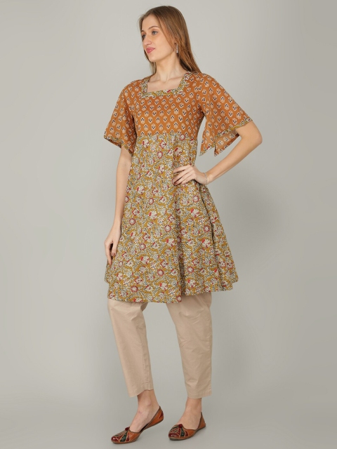 

NAVIYATA Women Coffee Brown Ethnic Motifs Printed Empire Pure Cotton Kurta with Trousers