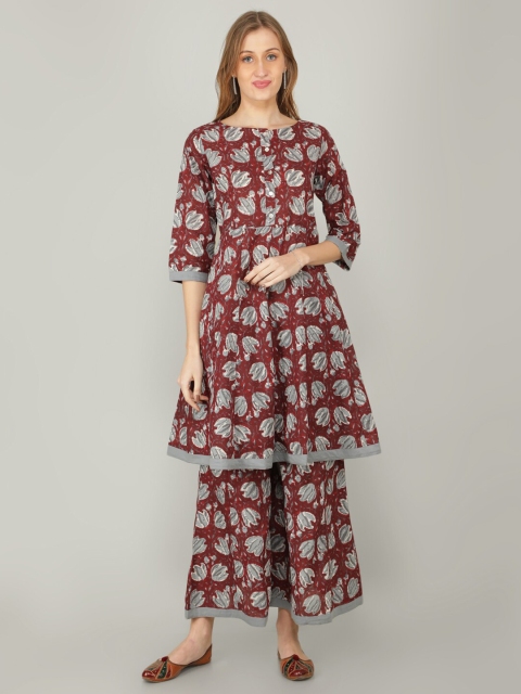 

NAVIYATA Women Maroon Ethnic Motifs Printed Empire Pure Cotton Kurta with Palazzos