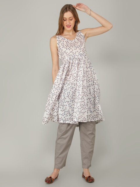 

NAVIYATA Women Cream-Coloured Floral Printed Empire Pure Cotton Kurta with Trousers
