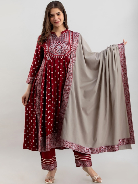 

NAYRAH Women Maroon Empire Kurta with Churidar & With Dupatta